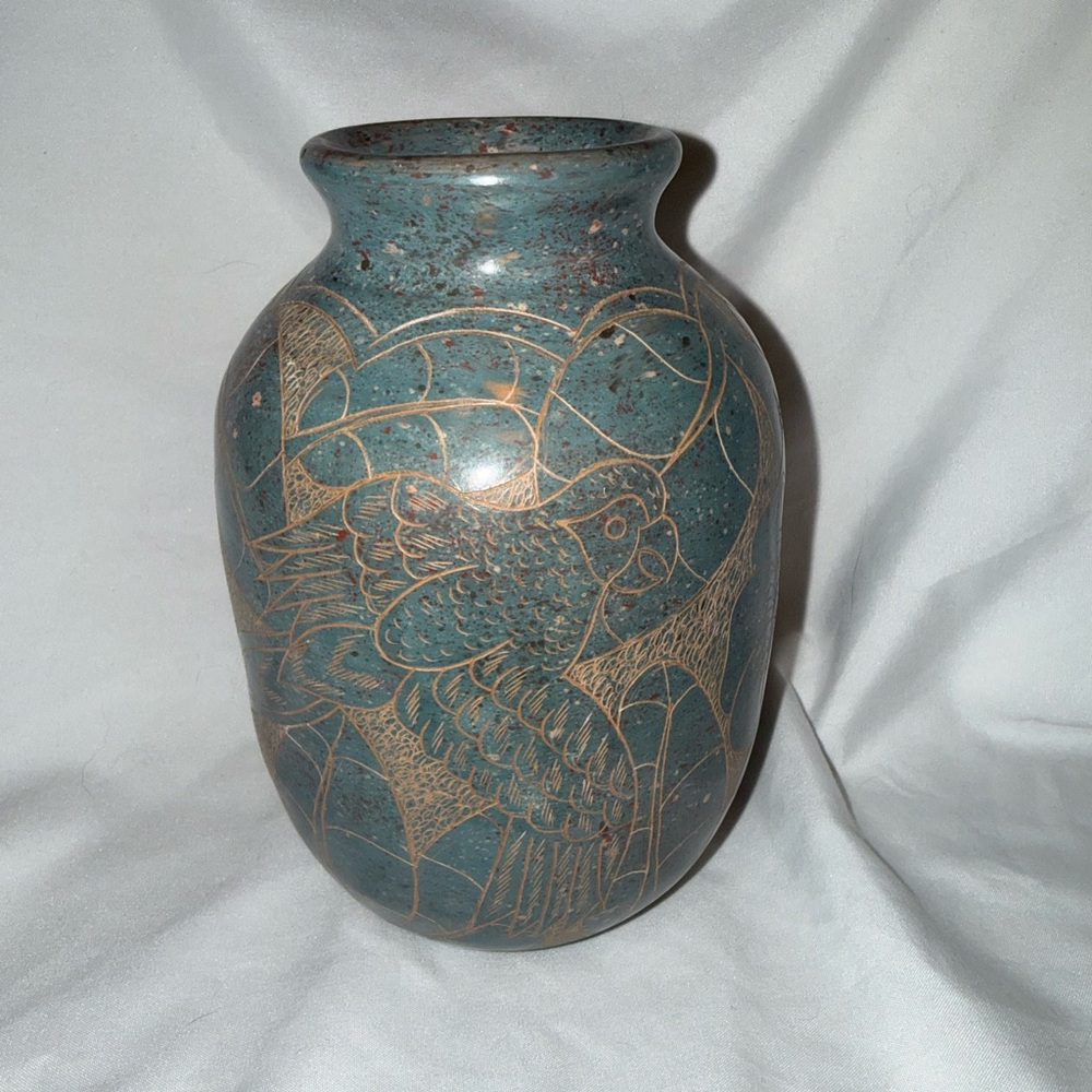 Teal Ceramic Decorative Vase with Etched Floral Design